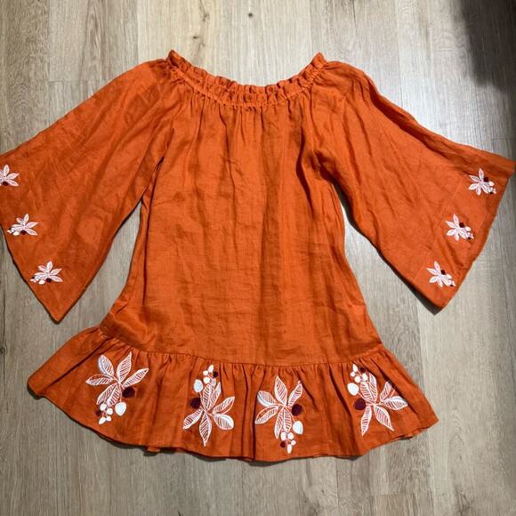 JUAN DE‎ DIOS Mexico Lindo Linen Mini Dress Embroidered SIZE XS Terracotta - Picture 9 of 12